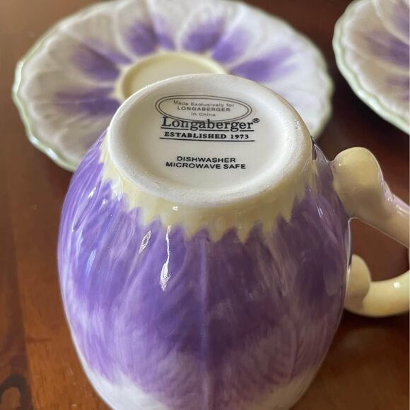 Longaberger Pottery Teacups And Saucers (2) Purple Crocus Flowers - Picture 7 of 10